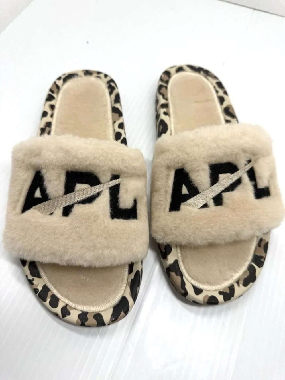 APL Shearling Slide Sandals Womens 8 Leopard Fur Logo Cozy Luxe Comfort Slip